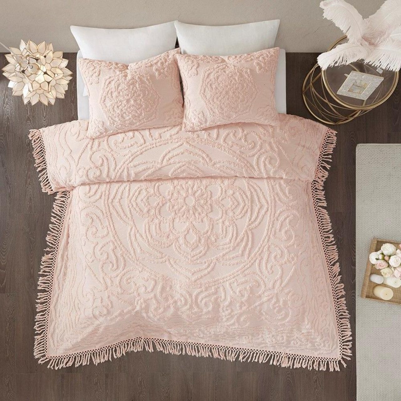 Edge Collections - Cream - Boho Chic Tufted Medallion Coverlet Set for Cozy Bedrooms - 1 Set